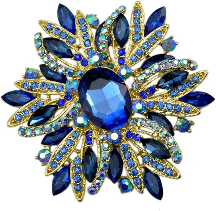 SELOVO 3.5" Huge Big Large Brooch Pendant Scarf Hats Decoration Blue Flower Pin Gold Tone | Amazon (US)