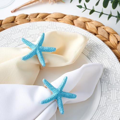 APTWOW Napkin Rings Set of 12, Starfish Napkin Rings for Table Decor, Blue Sea Star Napkin Ring Holders for Coastal Decor, Beach Decor, Wedding, Dinner Party, Summer, Birthday, Nautical, Banquet | Amazon (US)