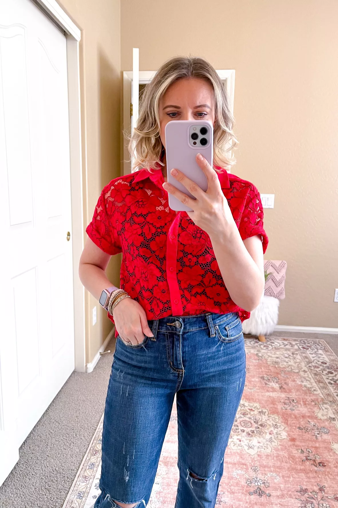 casual red top with jeans