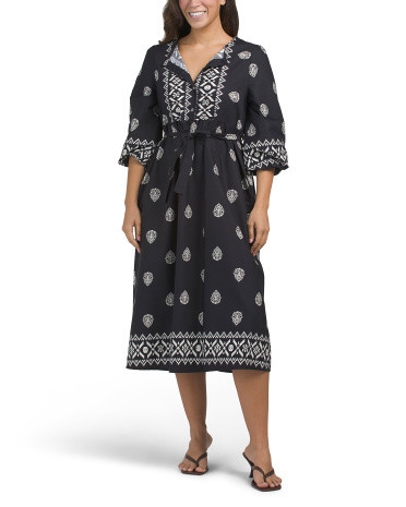 Made In Italy Long Sleeve Border Print Midi Dress With Belt | TJ Maxx