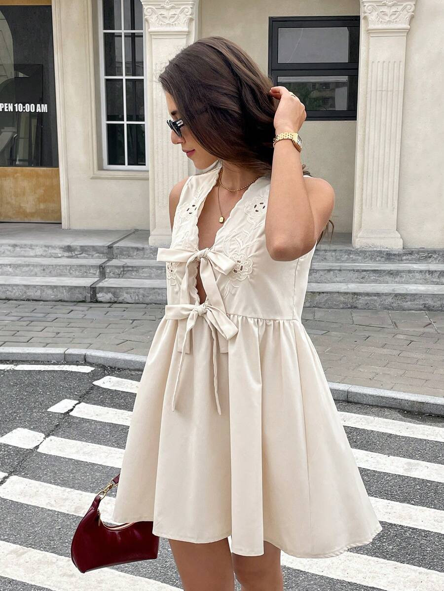 Serisse Women Flower Embroidery Front Tie Sleeveless Dress, Summer Bow Dress,Sun Dresses For Wome... | SHEIN