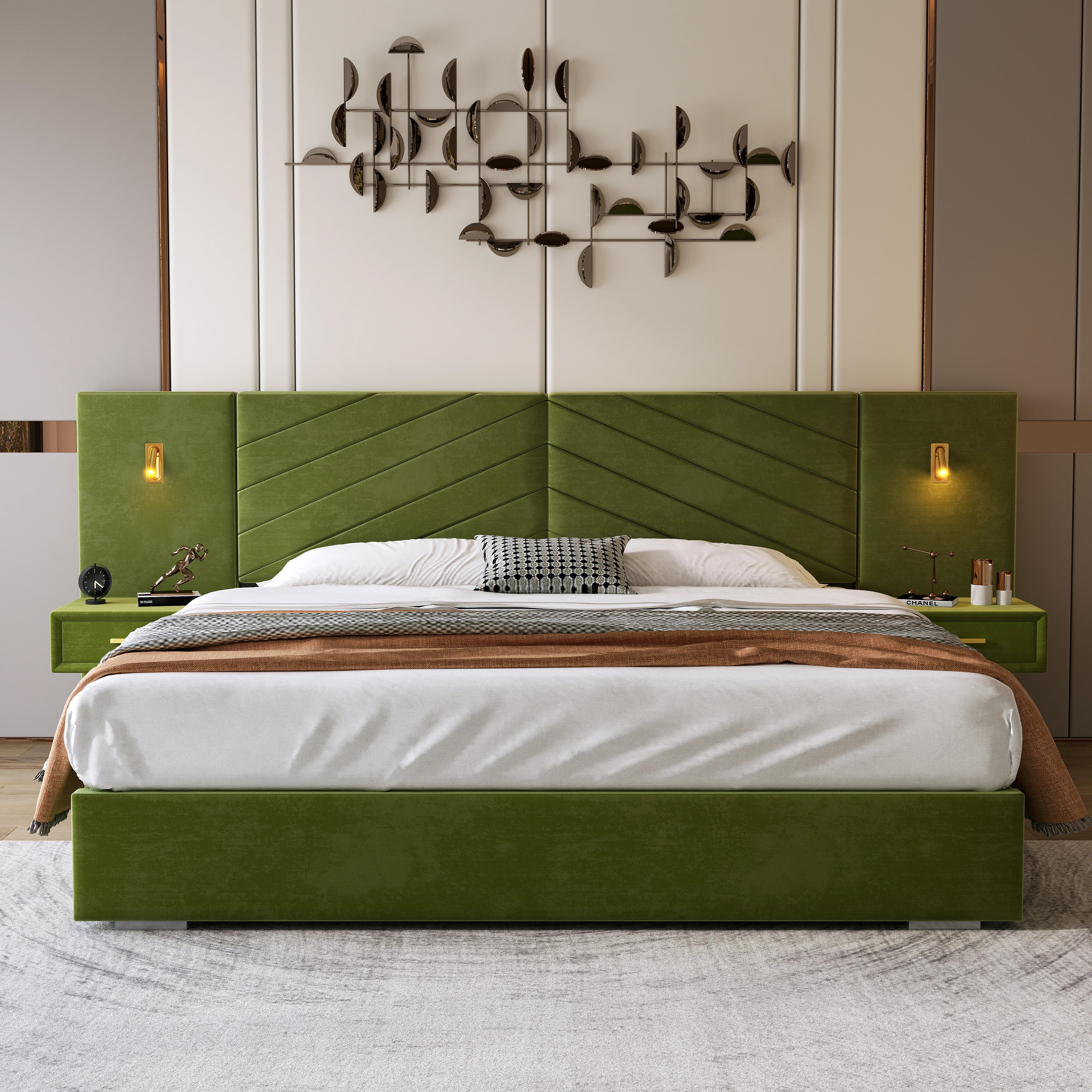 Velvet Upholstered Platform Bed With Wingback Headboard, Built-in Bedside Tables, Led Lights, And... | Wayfair North America