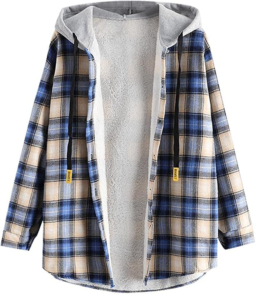 ZAFUL Women's Plaid Fleece Lined Hooded Jacket Button Up Oversized Fuzzy Coat Checkered Flannel H... | Amazon (US)