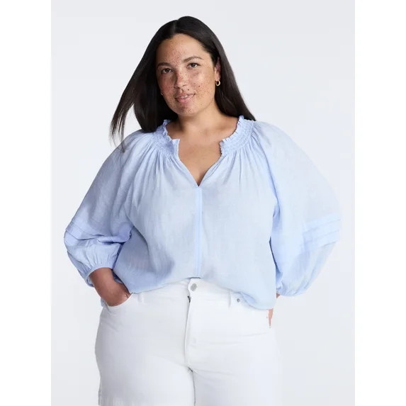 Terra & Sky Women’s Plus Linen Blend Blouse with Elbow Length Puff Sleeves, Sizes 0X-5X | Walmart (US)