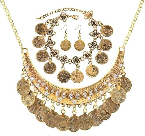 ChungLong0593 3PC Bohemian Coin Necklace Bracelet Earrings Set Gypsy Women's Jewelry Pirate Costume Accessories Gift-Gold | Amazon (US)