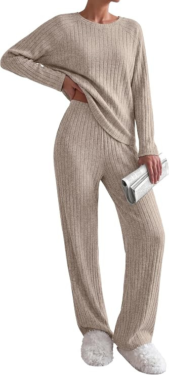Ekouaer Womens Lounge Sets Long Sleeve Casual Pajama Fall Sleepwear Pockets | Amazon (US)