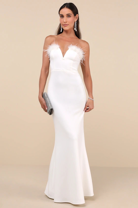 Extraordinary Glam White Feather Strapless Mermaid Maxi Dress | Lulus