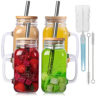 Mason Jar Cups With Lids And Straws, Mason Jars With Handle, Mason Jar Drinking Glasses With Lid And Straw, Mason Jar Mugs(4 Pack) | Wayfair North America