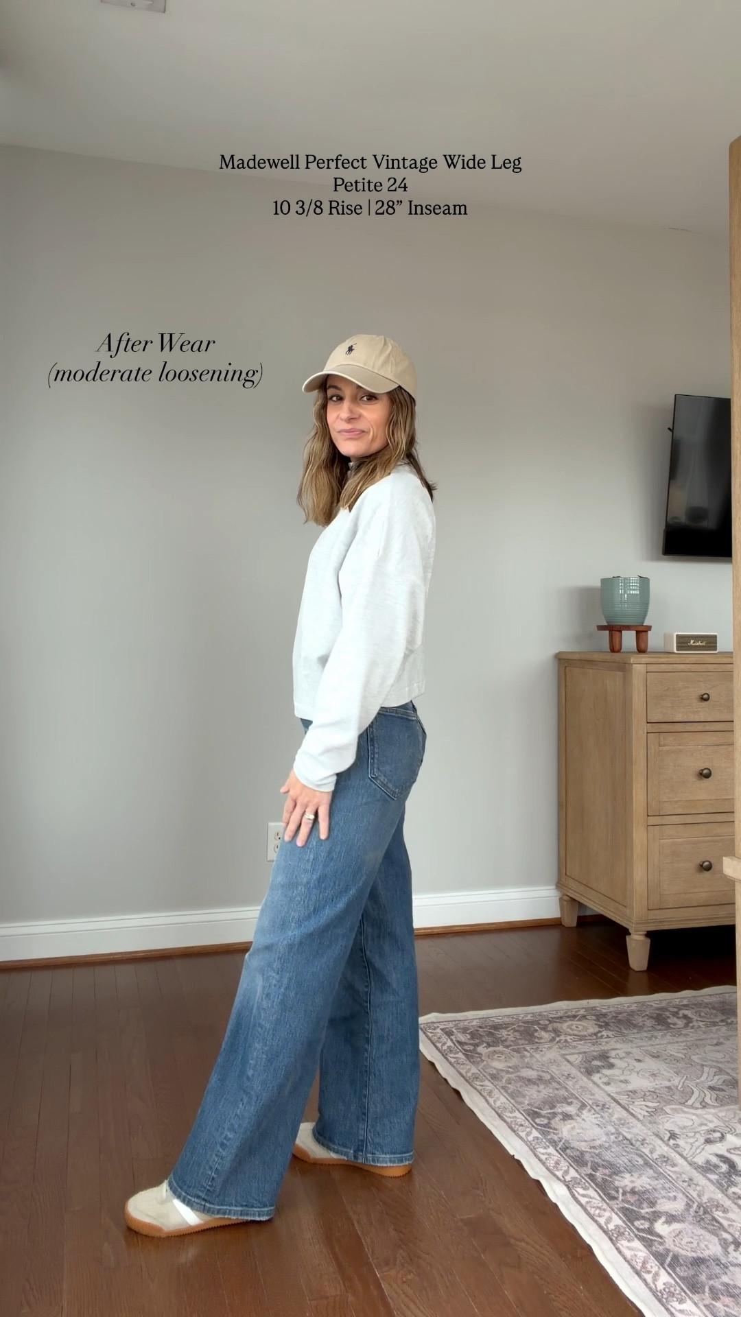 Wear test of Madewell The Petite PV Wide-Leg Jean
Petite 24 - Harvey Wash - tts relaxed fit 
10 3/8" rise, 19" leg opening, 28" inseam  99% cotton

I noted loosening with this pair mostly in my thighs. They held shape across the hips. They started out a little more relaxed on me so I think that made some loosening more noticeable. 