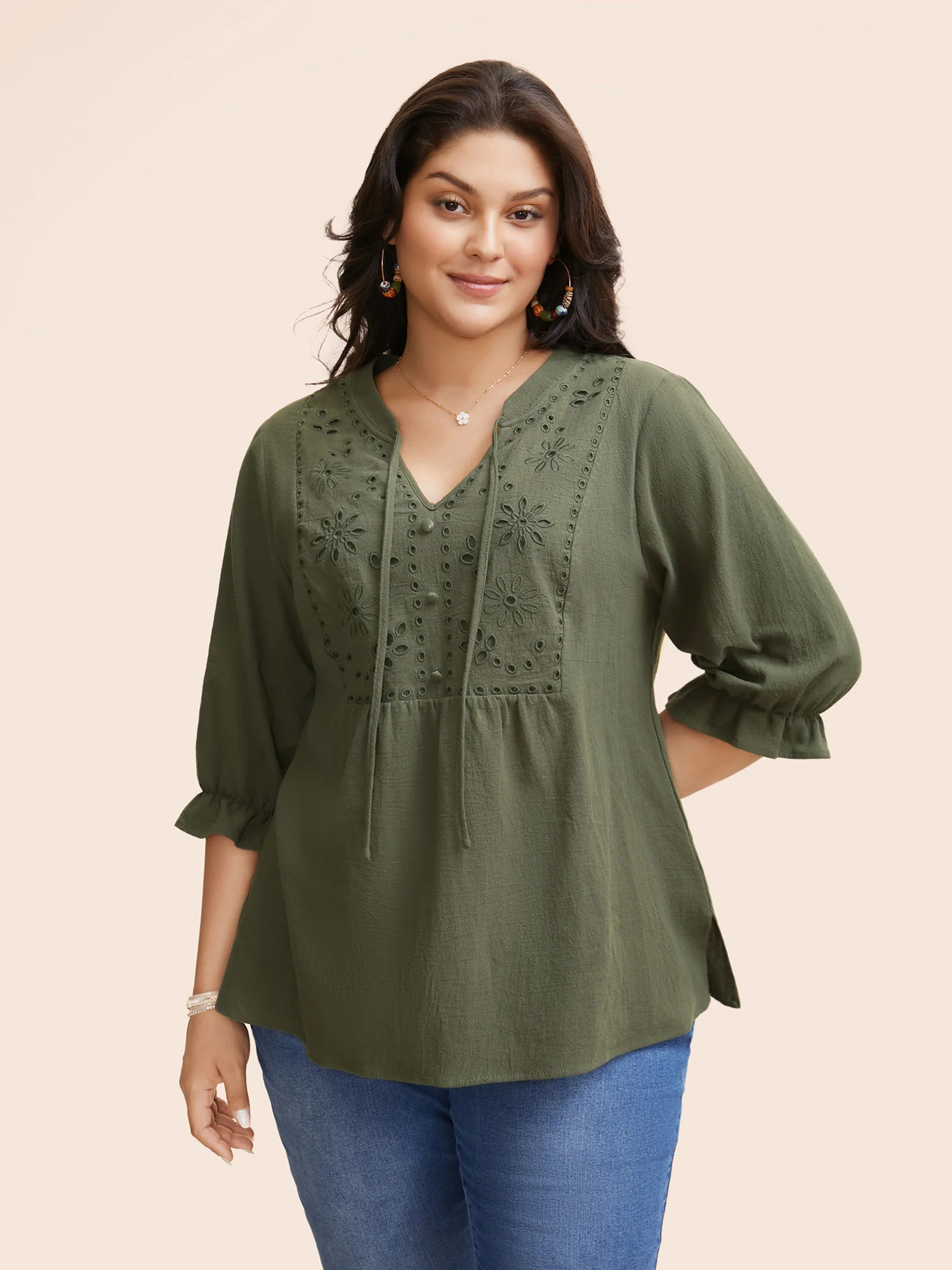 Broderie Anglaise Tie Knot Lantern Sleeve Blouse | Bloomchic