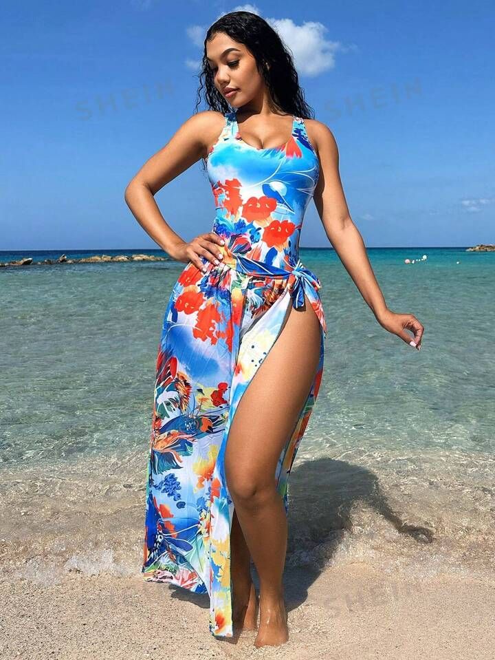 Women Printed One Piece Swimsuit And A Random Style Tie Side Cover-Up Skirt Swimwear Set, For Sum... | SHEIN