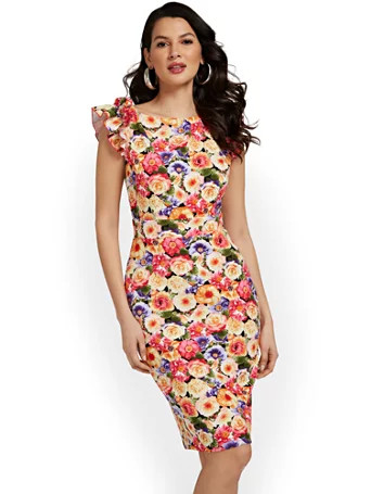 NY & Co Women's Floral-Print Ruffle Sheath Dress - Magic Crepe® Summer Berry Punch Size X-Large Span | New York & Company