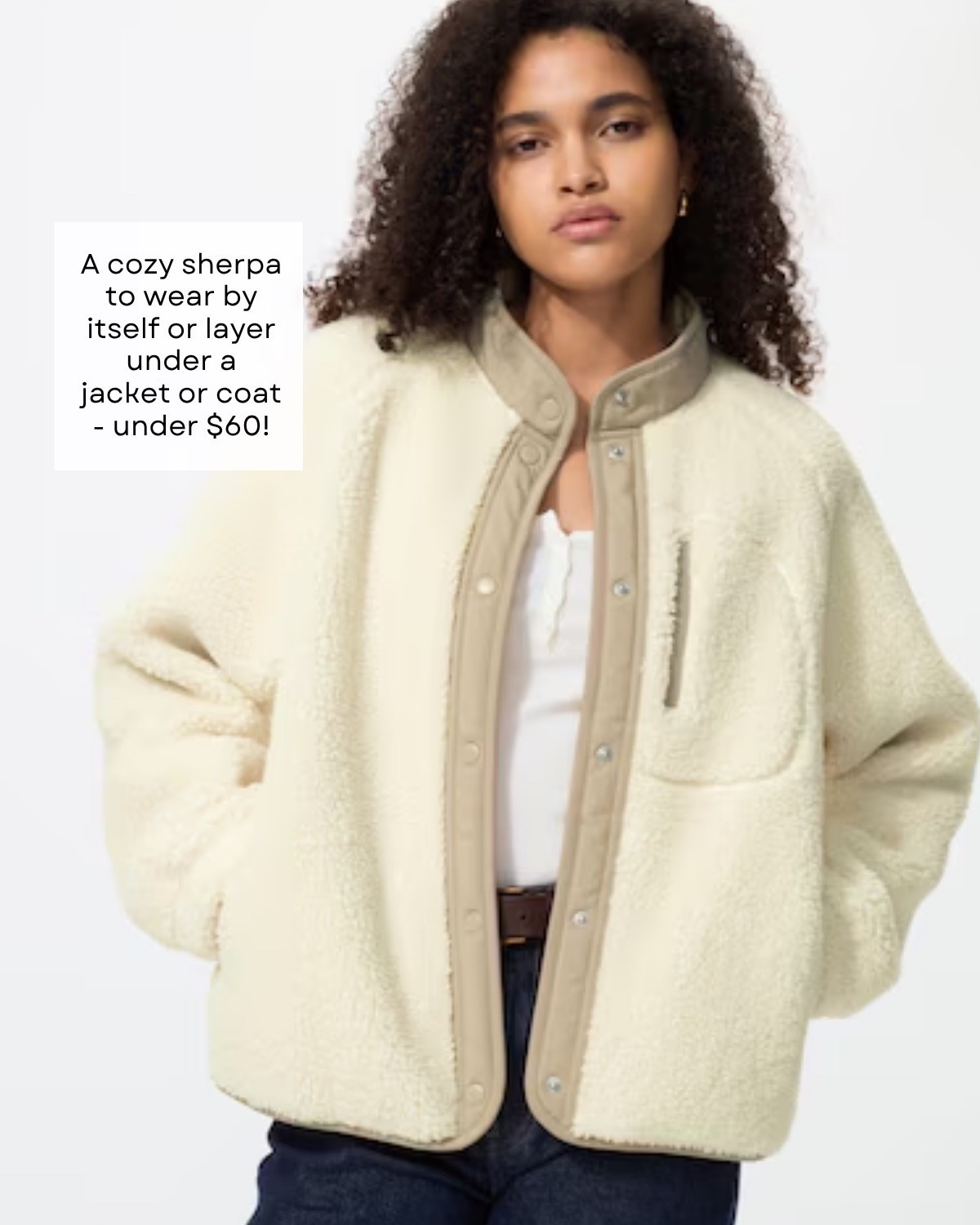 Uniqlo sherpa jacket - cozy, comes in a few colors, under $60 

fall finds / fall style / fall outfits / barn jackets / sherpa jackets / leather jackets / suede trench coat / mother jeans / suede tote bag / uniqlo finds / aritzia coat / slippers / what to wear for fall / j.crew / quince / madewell / mango / oak and fort