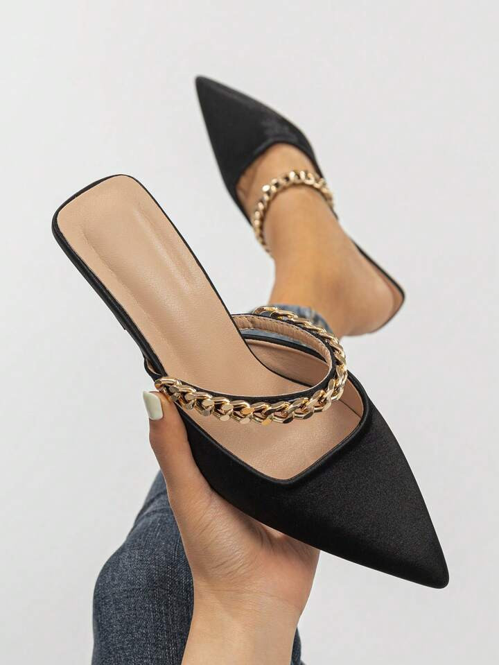 Women Chain Decor Point Toe Kitten Heeled Mule Pumps, Glamorous Outdoor Satin Pumps | SHEIN