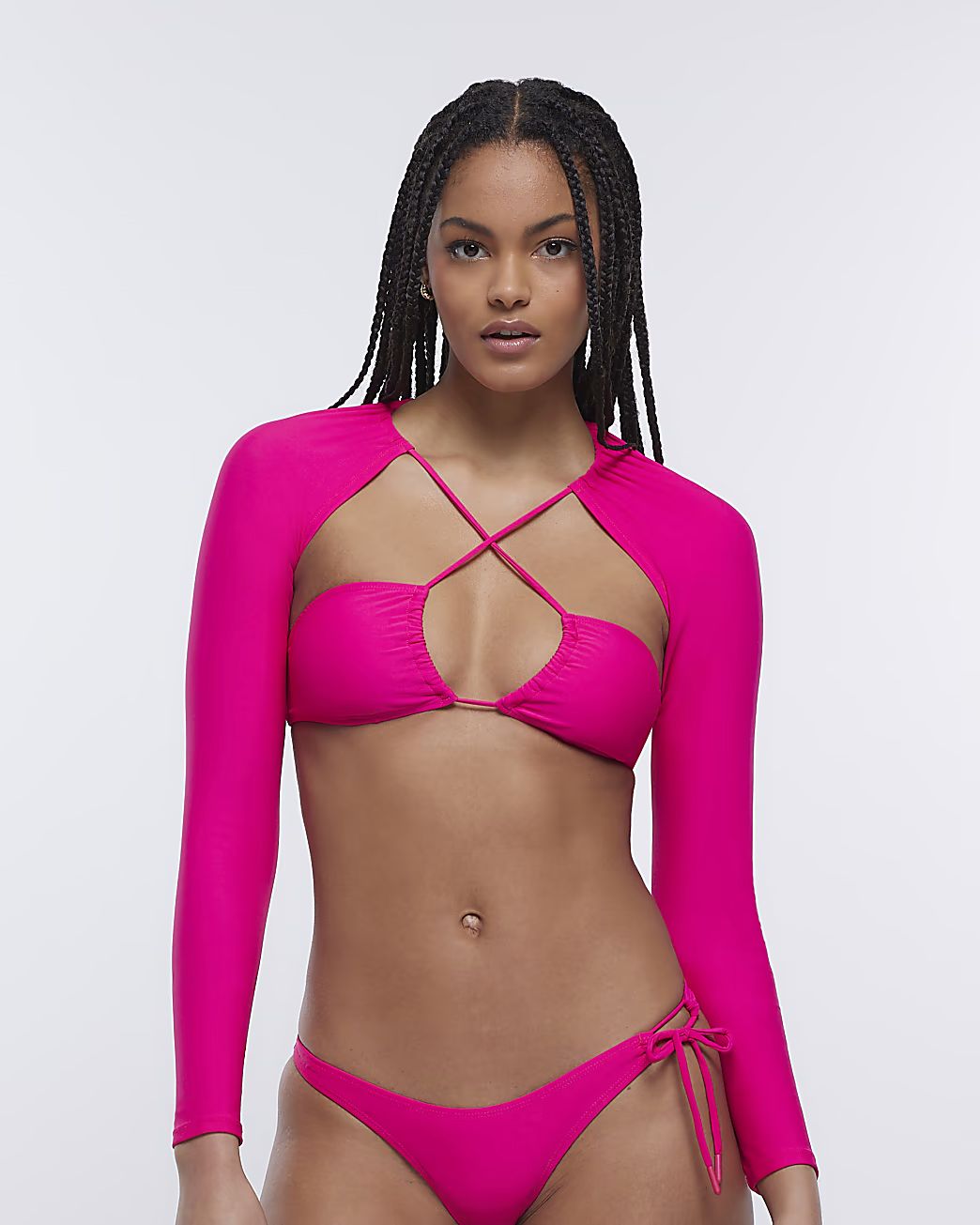 Pink long sleeve bikini top | River Island (US)