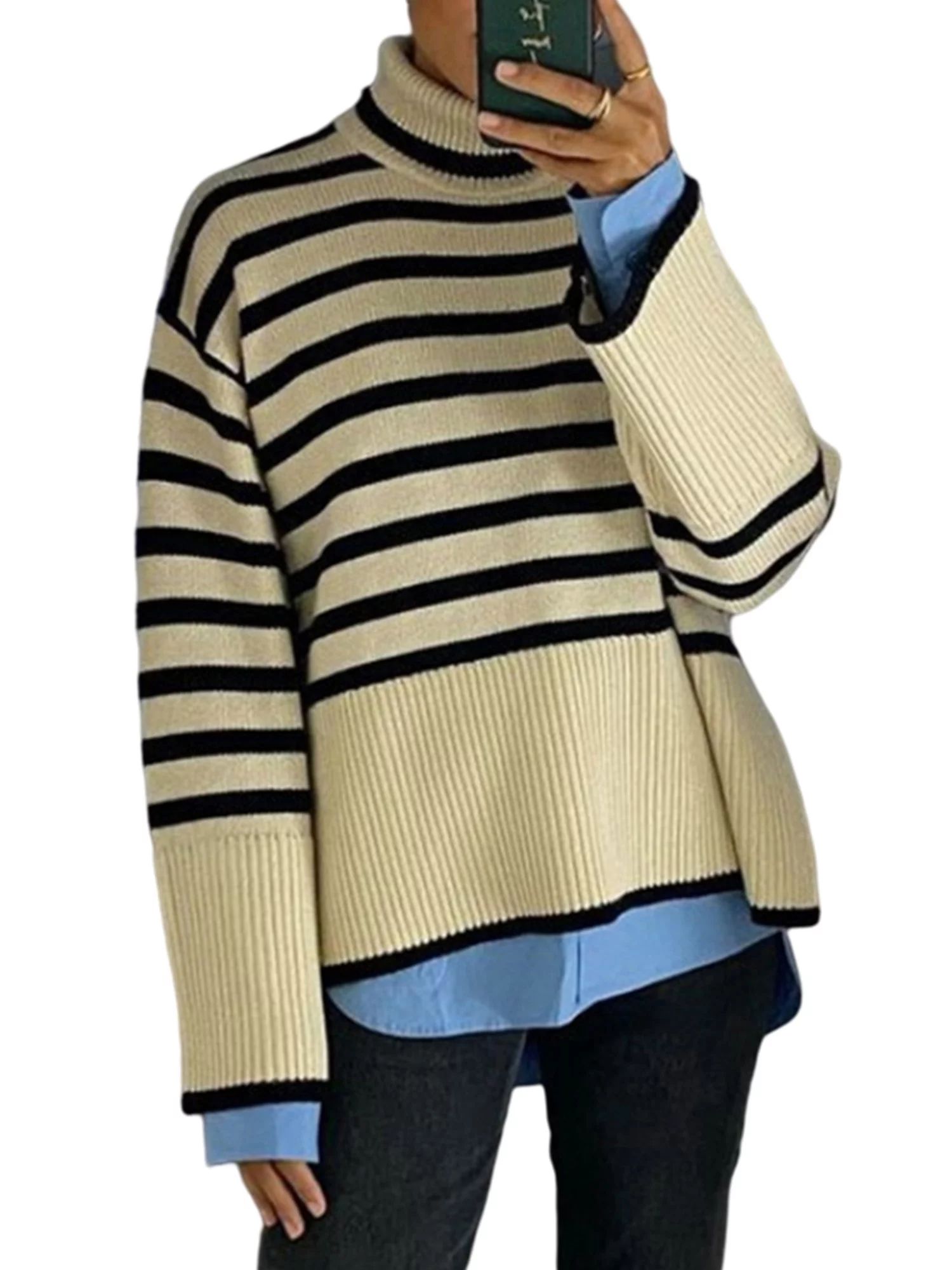 Frontwalk Long Sleeve Knitted Sweater for Women Casual Stripe Turtleneck Sweaters Jumper Pullover | Walmart (US)