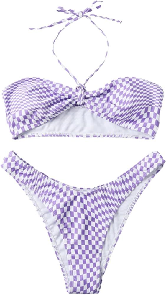 SOLY HUX Women's Checkered Halter High Cut Bikini Bathing Suits 2 Piece Swimsuits | Amazon (US)