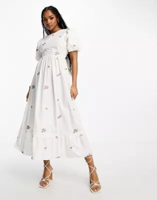 Miss Selfridge poplin embroidered tiered bow back maxi dress in ivory | ASOS (Global)