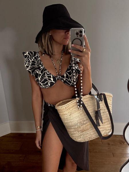 Black and white swimsuit and coverup / Amazon beach bag and hat 