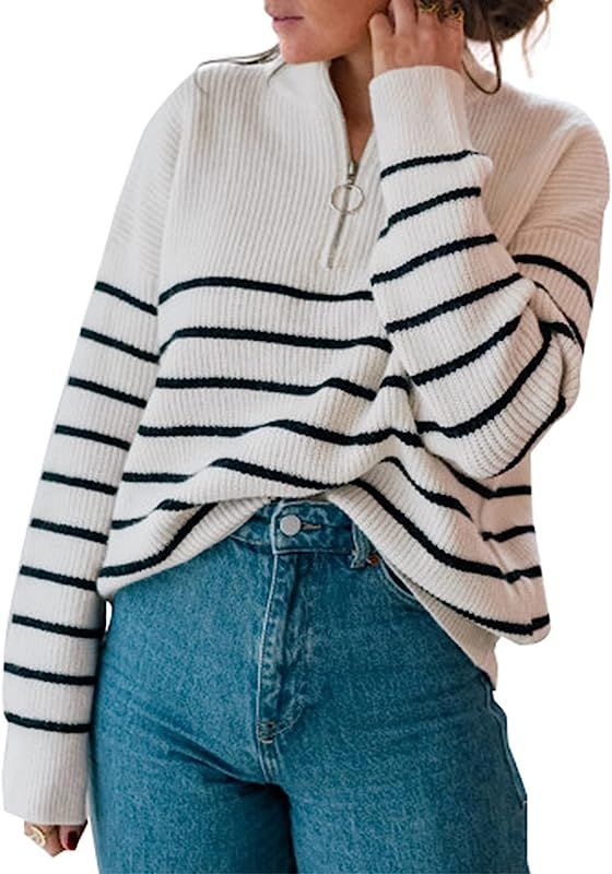 Amkoyam Women’s Striped Sweaters Long Sleeves Knitted Casual Pullovers Loose Fit Shirt Tops with But | Amazon (US)