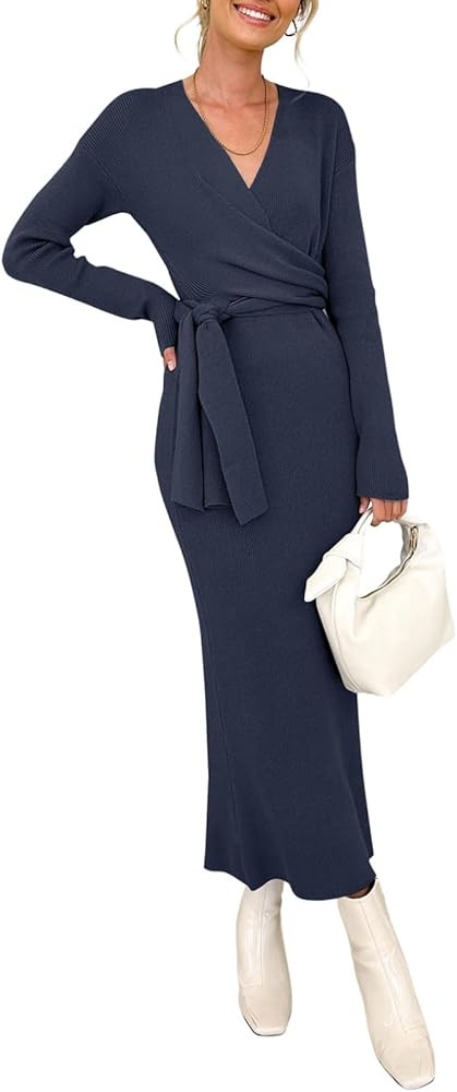 Happy Sailed Womens Knit Dress Fall Long Sleeve Wrap V Neck Tie Waist Ribbed Sweater Dresses | Amazon (US)