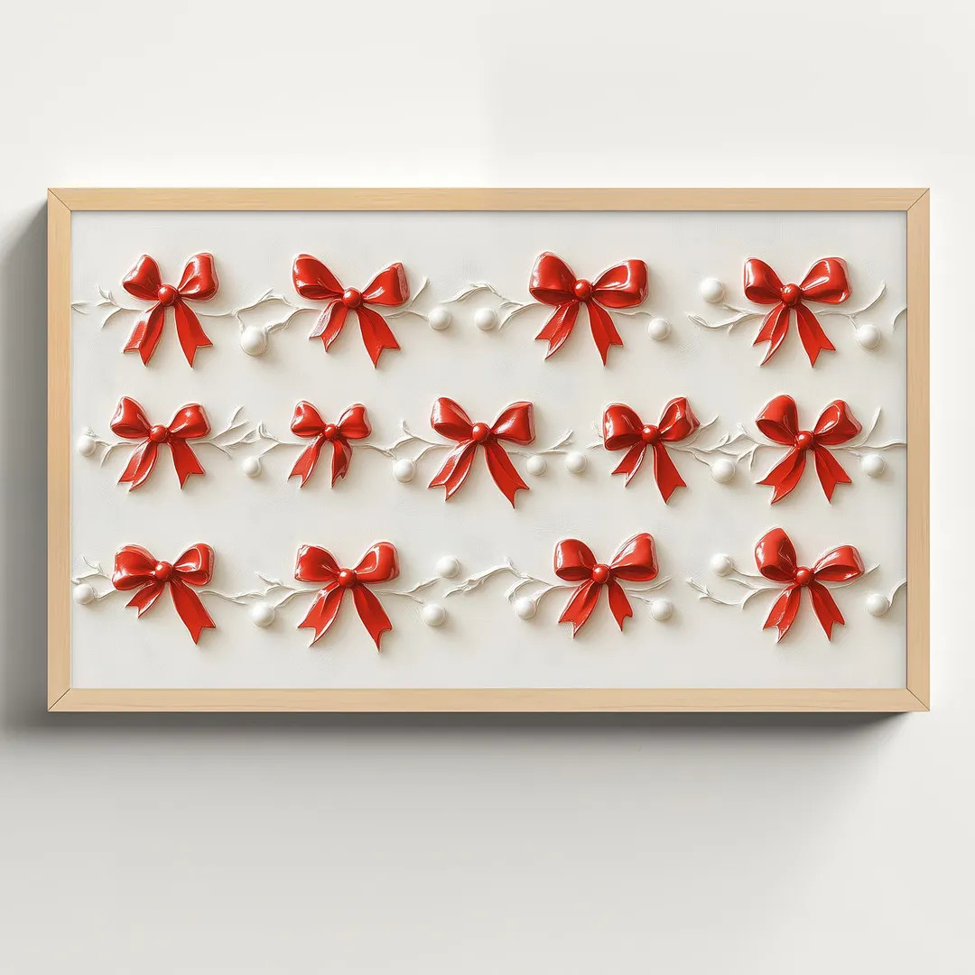 Christmas Frame TV Art, 3D Textured Painting, Red and White Bow, Minimalist Coquette Holiday Wall... | Etsy (US)