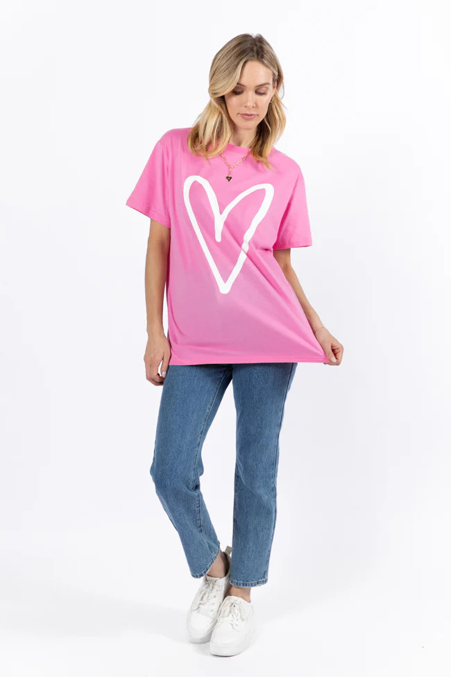 Heart Sketch Hot Pink Oversized Graphic Tee | Pink Lily