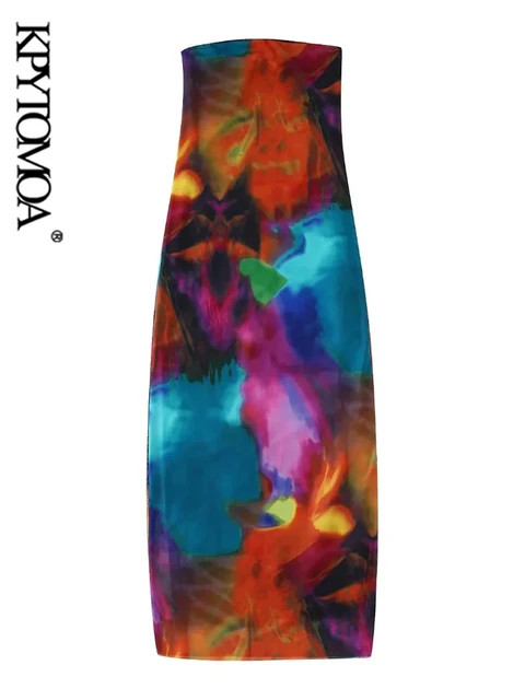 KPYTOMOA Women Fashion With Lining Printed Tulle Midi Dress Vintage Strapless Straight Neck Femal... | AliExpress (US)