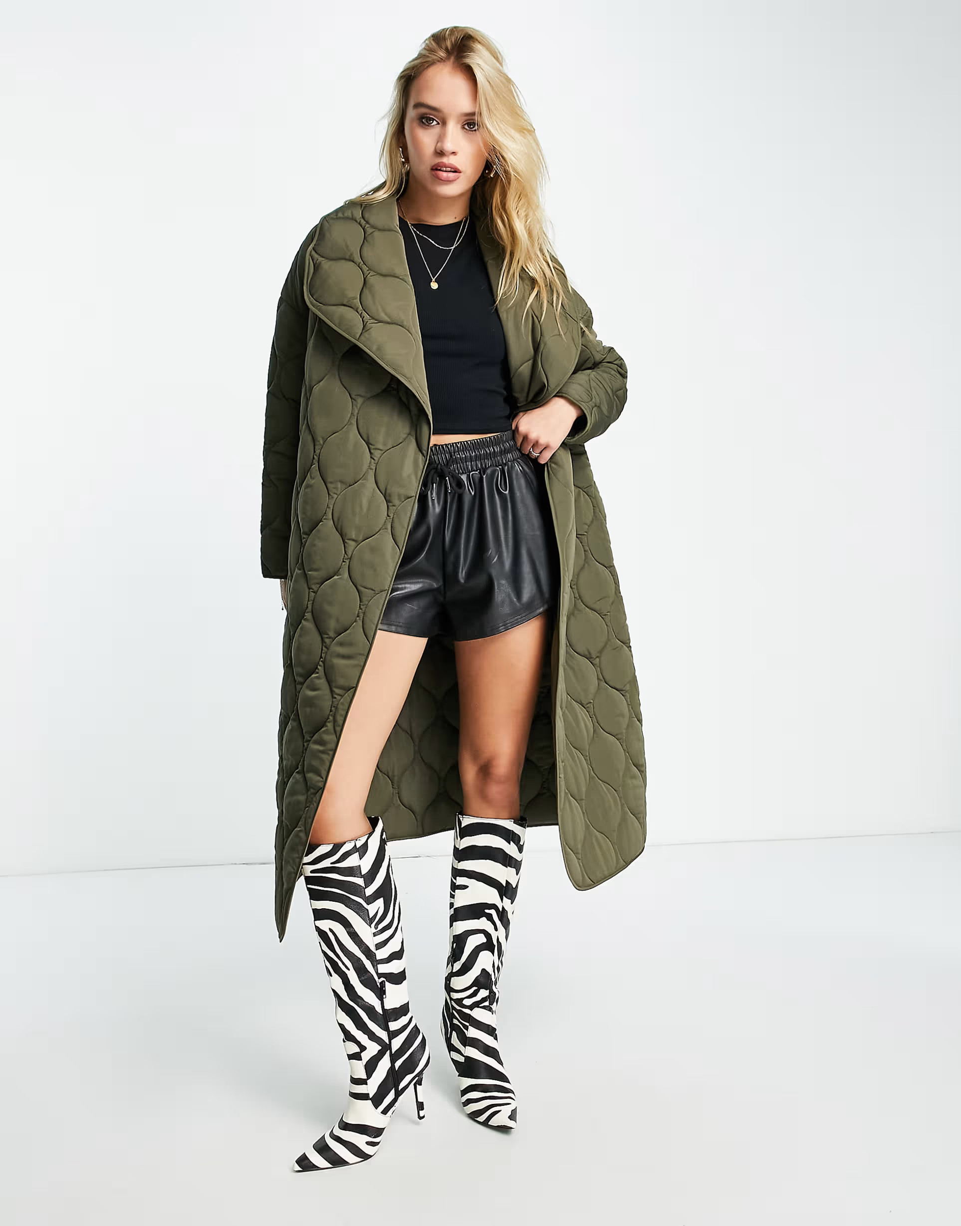 4th & Reckless quilted longline coat in khaki | ASOS (Global)