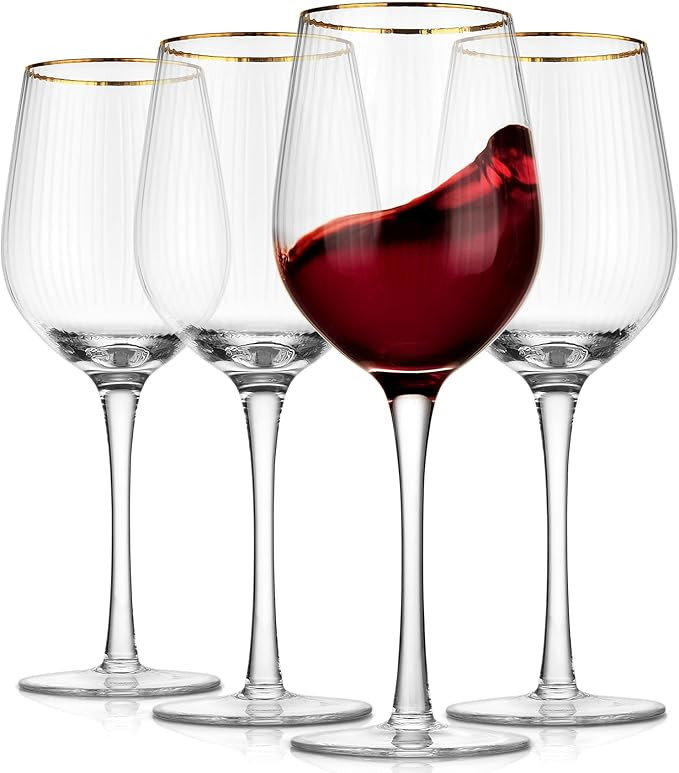 Royalrose Premium Cheerfull Wine Glasses, 14.2 oz Hand-Blown Glasses with Gold Rim, Fluted Design... | Amazon (US)