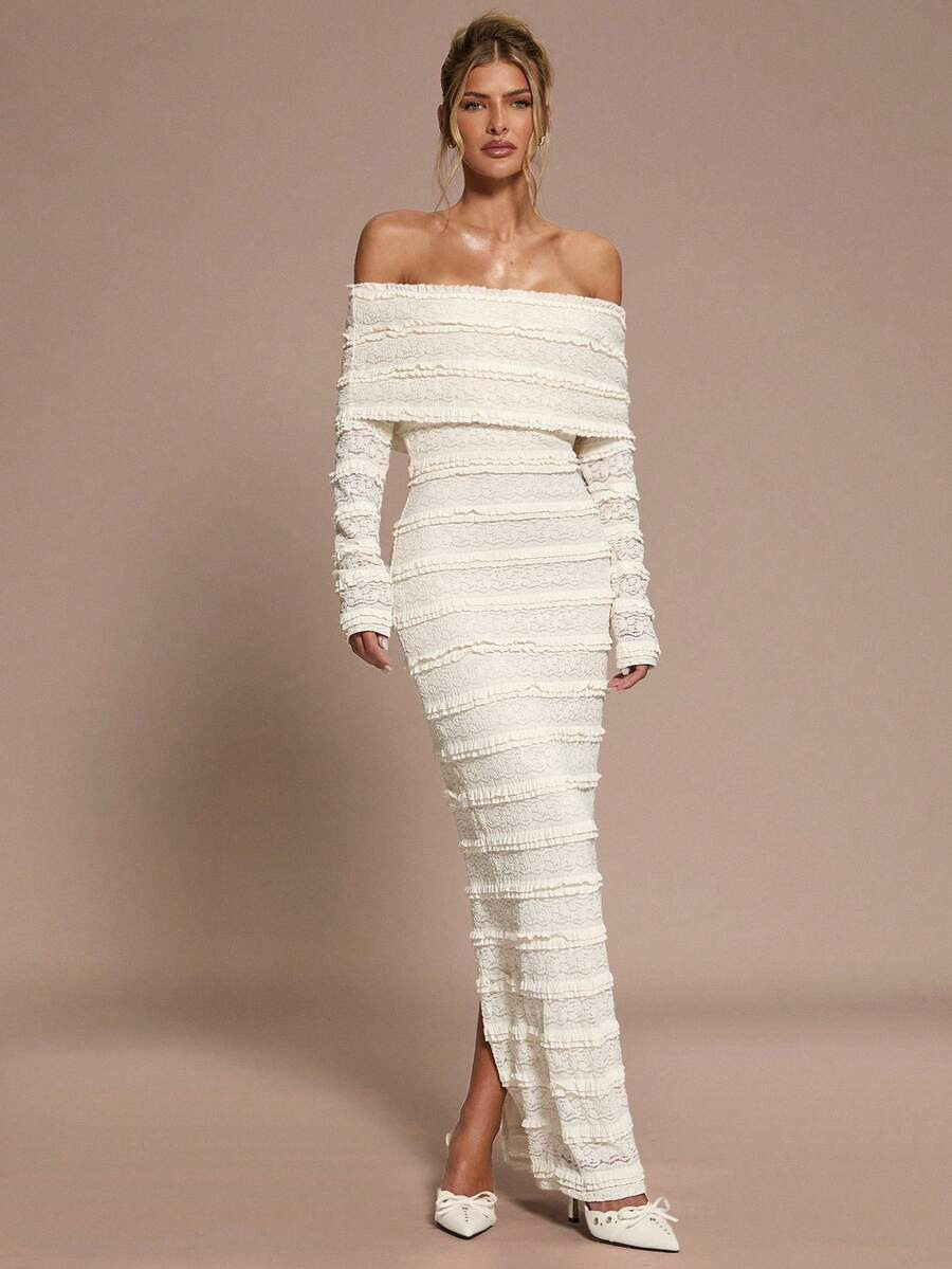 SHEIN BAE Apricot Lace Off Shoulder Long Sleeve Bodycon Dress With Back Slit, Elegant For Cocktai... | SHEIN