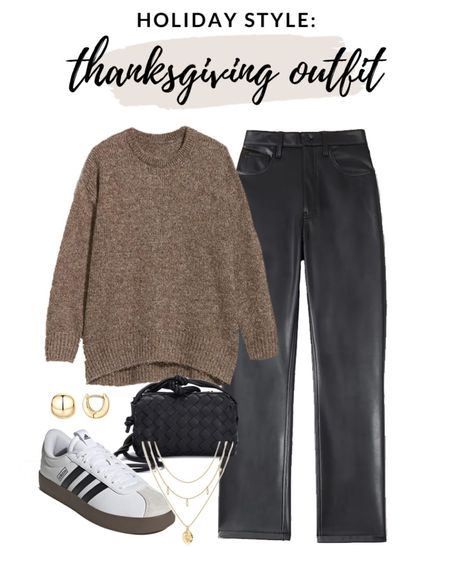 Casual, comfy and cute Thanksgiving outfit idea! Love this chunky knit sweater paired with the best faux leather pants! Keep it casual with your favorite statement sneakers like these platform Adidas gazelle sneakers! 

#fallfashion 

Fall style. Thanksgiving outfit. How to style faux leather pants. Cute fall outfit  

#LTKfindsunder100 #LTKstyletip #LTKHoliday
