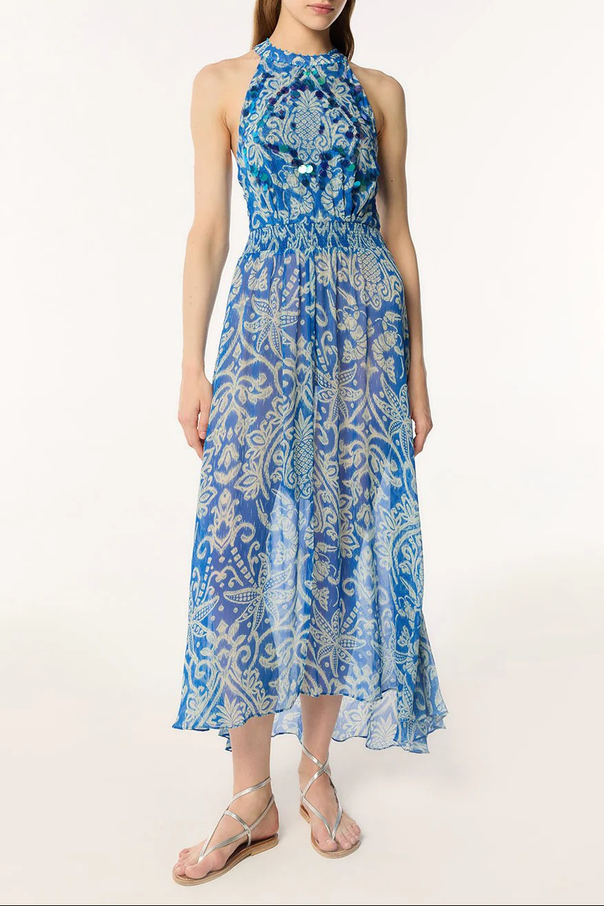 Long Dress Clea - Turquoise Macro Ikat | Poupette St Barth