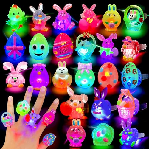AIVEI Easter Egg Fillers Light Up Rings - 28Pcs Glow in the Dark Party Favors, Easter Basket Stuffers Toys Gifts for Kids Teens Girls Boys | Amazon (US)