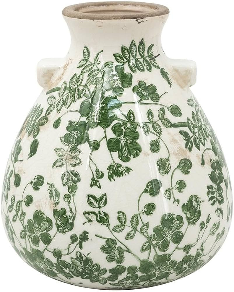 Tall Rustic Green Floral Ceramic Vase – Handcrafted Vintage White Flower Holder with Handles fo... | Amazon (US)