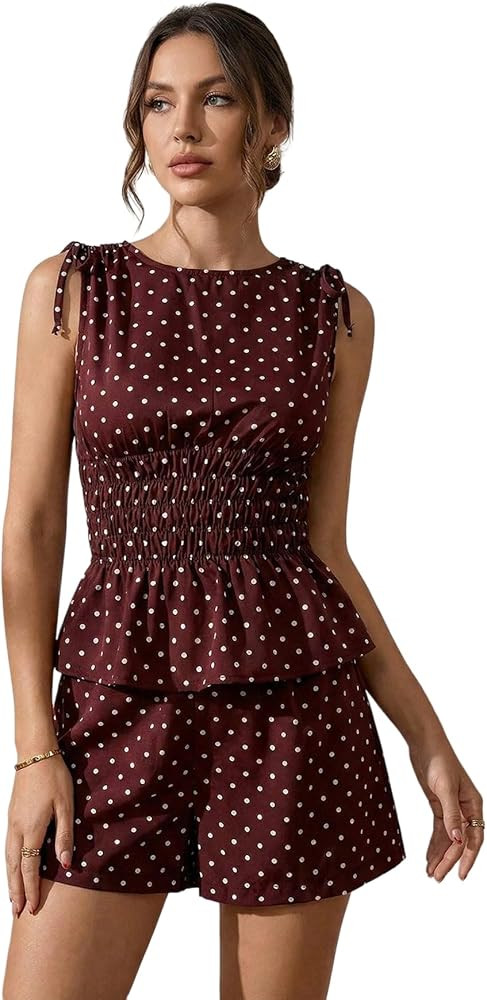 Women's 2 Piece Polka Dots Set Elegant Peplum Tie Shoulder Top Wide Leg Shorts Going Out Party Ou... | Amazon (US)