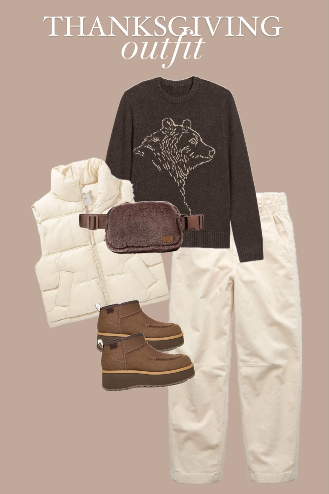 Fun and Casual Thanksgiving Outfit!! Elastic waist so eat as much as you want!!  Bear sweater is in the men’s department so size down accordingly! #thanksgivingoutfit #comfortableoutfit

#LTKStyleTip #LTKMidsize #LTKHoliday