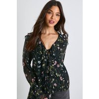 boohoo Women's Floral Chiffon Ruffle Blouse in Black | Size: 2 | Denim/Viscose/Chiffon | boohoo (US & Canada)