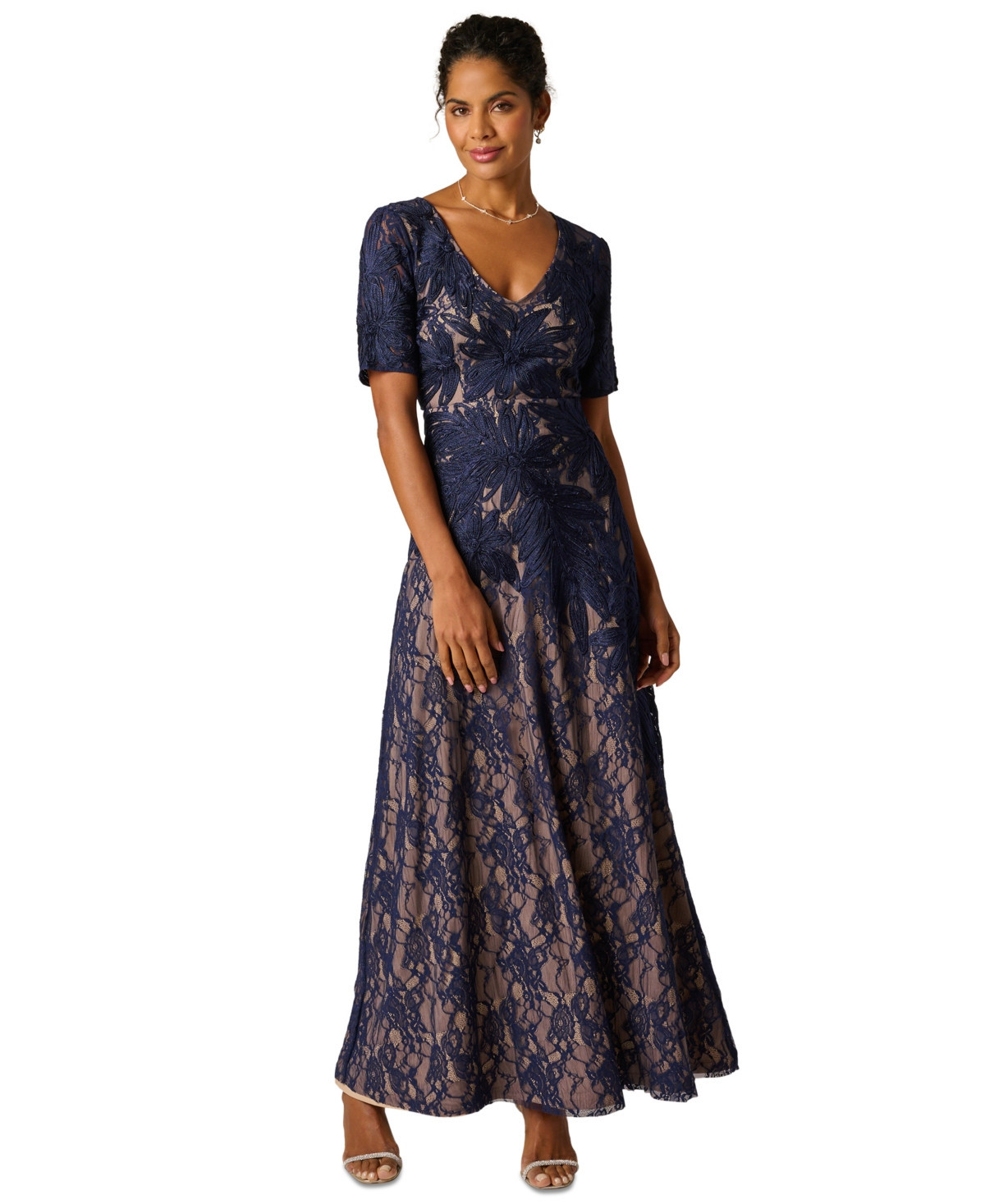 Adrianna Papell Women's V-Neck Lace Dress - Navy/Nude | Macy's