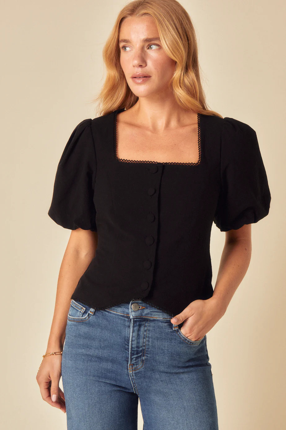 Black Linen-blend Puff Sleeve Top | Nobody's Child