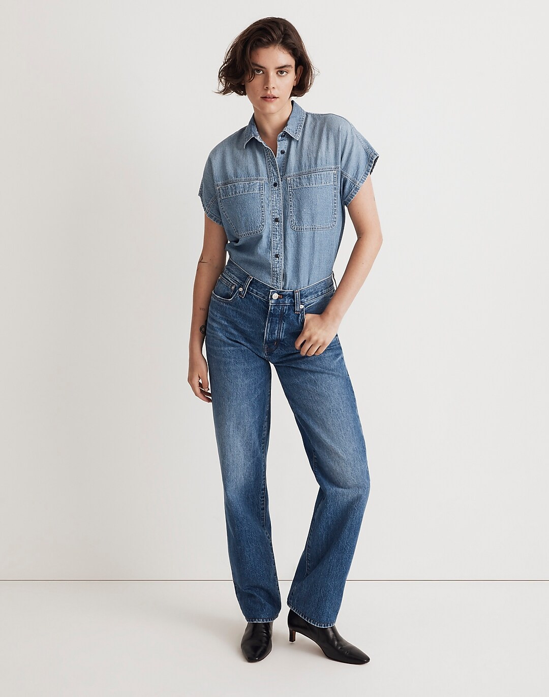 Denim Slanted-Yoke Crop Button-Up Shirt in Mardell Wash | Madewell
