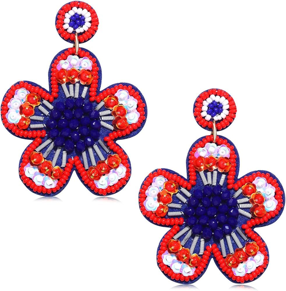 Beaded Drop Earrings Statement Colorful Beaded Flower Earrings Handmade Bohemia Tropical Beadwork... | Amazon (US)
