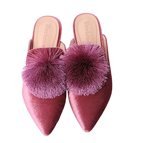 Fericzot Mules for Women,Slip On Backless Loafers Flats Puff Pompom Pointed Toe Casual Shoes Slippers Rose 8.5 | Amazon (US)