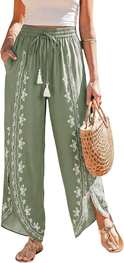 CUPSHE Women's Boho Wide Leg Pants with Pockets Front Slit | Tropical Vacation Style,Casual Palaz... | Amazon (US)
