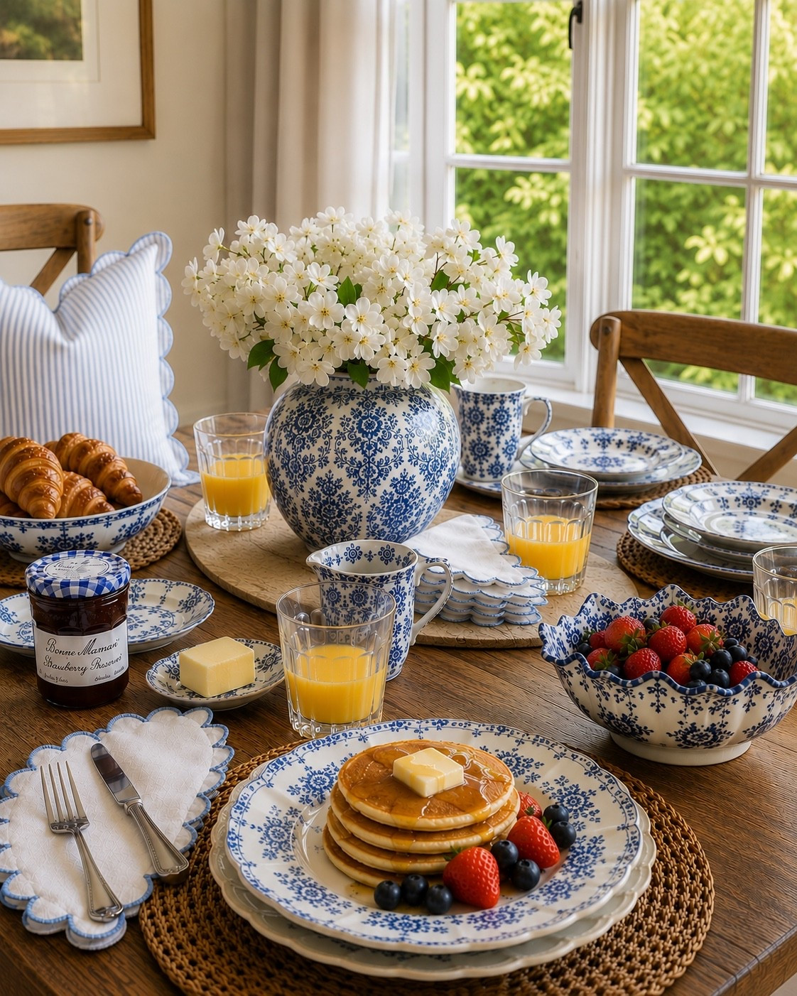If you’ve been wanting your breakfast table to feel a little more special, this is such an easy way to do it. 🤍 Blue and white details, fresh florals, and a stack of pancakes instantly make an ordinary morning feel beautiful.

#LTKmorningroutine #LTKHome