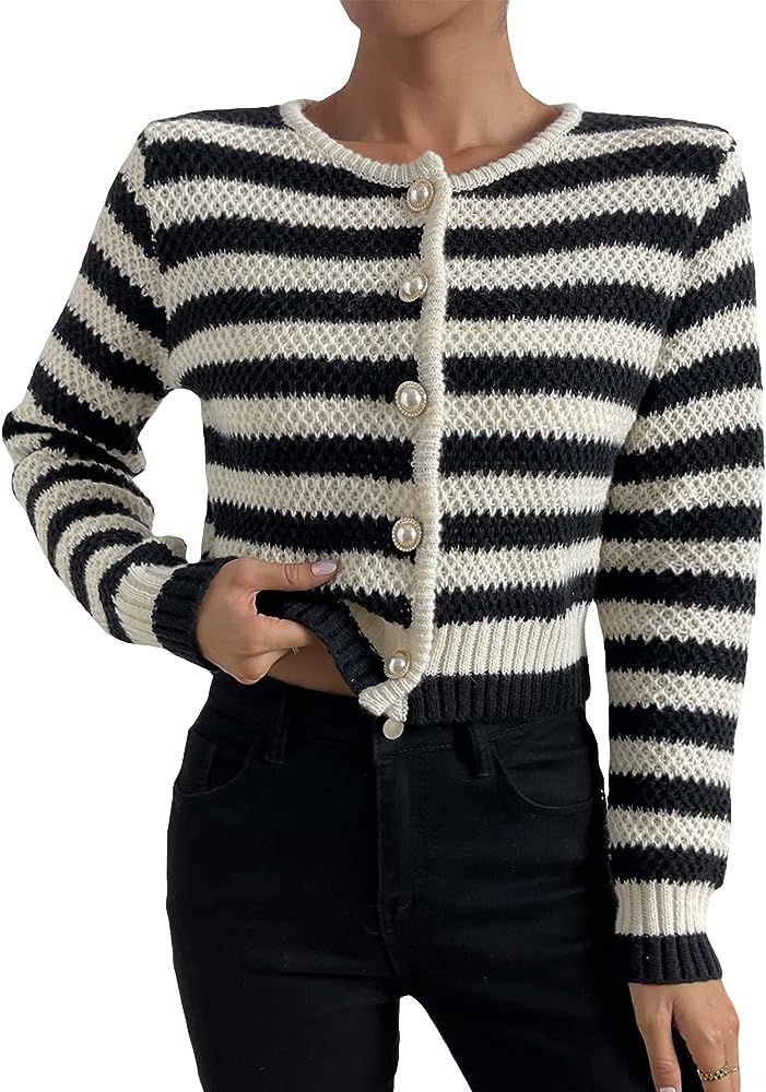 Women's Button Front Striped Crop Cardigan Sweater Long Sleeve Knit Shrug | Amazon (US)
