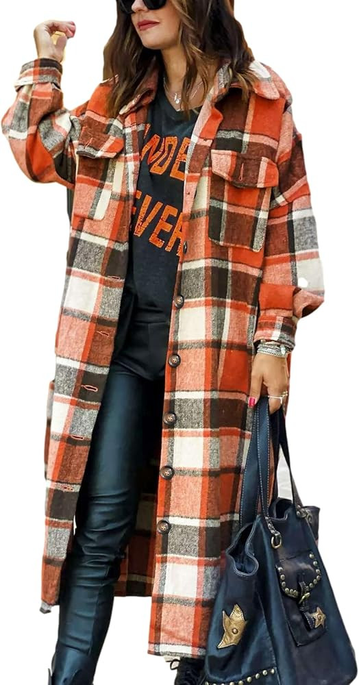 Himosyber Women's Casual Plaid Lapel Woolen Button Up Pocketed Long Shacket Coat | Amazon (US)