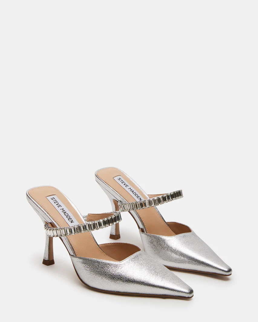 BRECKI Silver Leather Rhinestones Pointed Toe Mule Pump | Women's Heels | Steve Madden (US)
