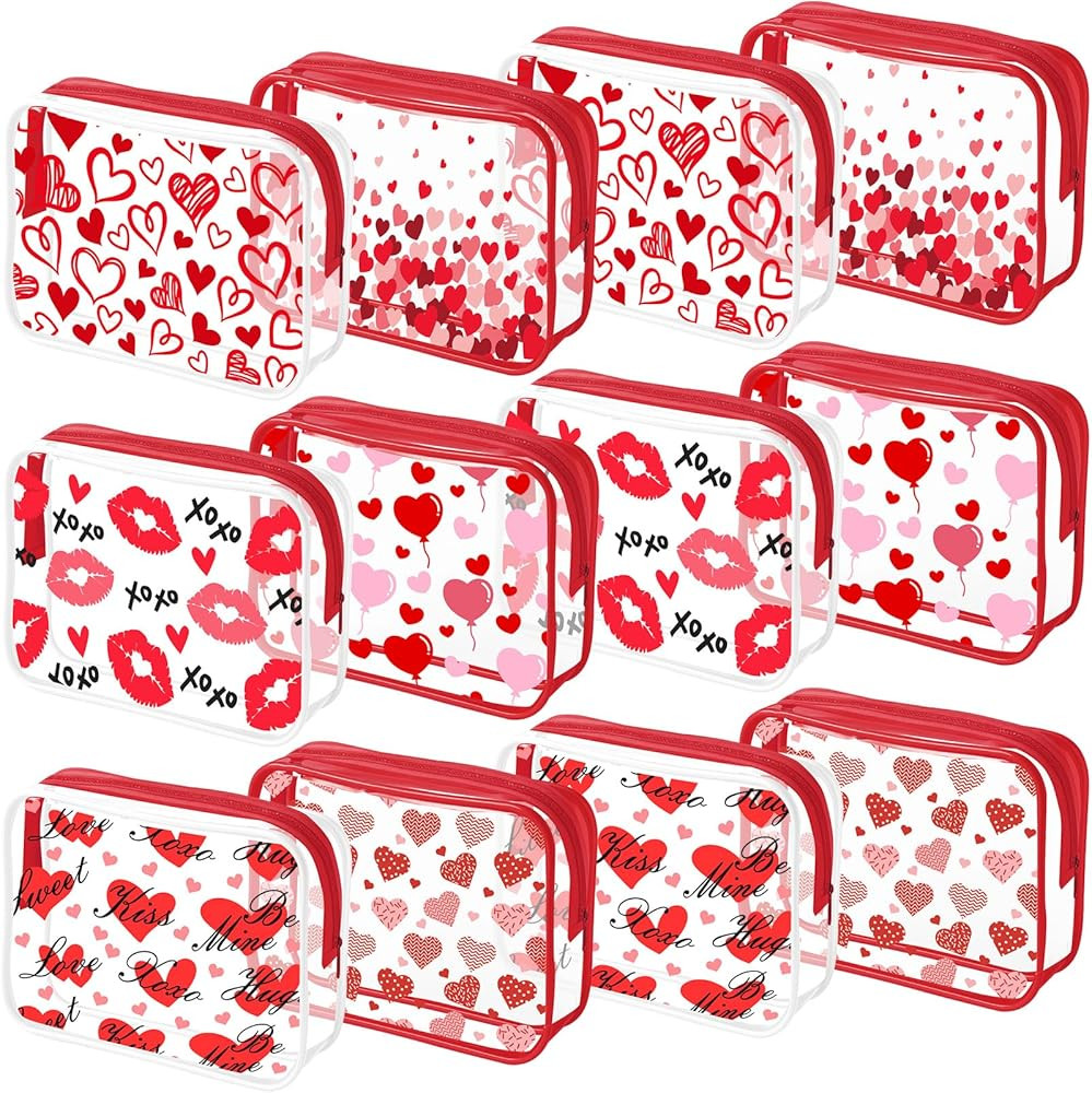 12 Pcs Valentine's Day Makeup Bags Heart Cosmetics Bag PVC Clear Portable Goodie Bags Organizer 7... | Amazon (US)