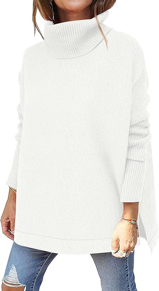 OFEEFAN Women's Turtleneck Oversized Sweaters Long Sleeve Split Hem Knit Tunic Tops | Amazon (US)